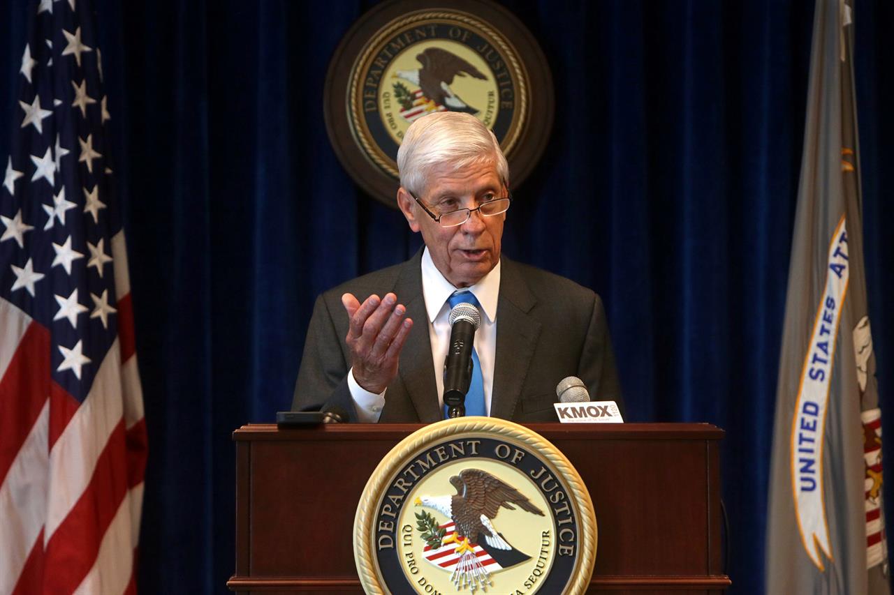 FILE - In this Aug. 14, 2015, file photo, U.S. Attorney Richard Callahan speaks at a press conference in St. Louis. Callahan, as former U.S. attorney and circuit judge, was appointed Wednesday, Feb. 24, 2021, as special prosecutor in the case against a St. Louis couple who waved guns at racial injustice protesters last summer (Cristina M. Fletes/St. Louis Post-Dispatch via AP)