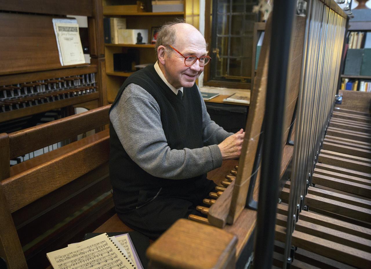 In this 2018 photo provided by Duke University, Sam Hammond, university carillonneur, plays the Duke Chapel carillon at the university in Durham, North Carolina. Hammond died Thursday, Feb. 25, 2021, in Durham, the university said in a news release. (Jared Lazarus/Duke University via AP)