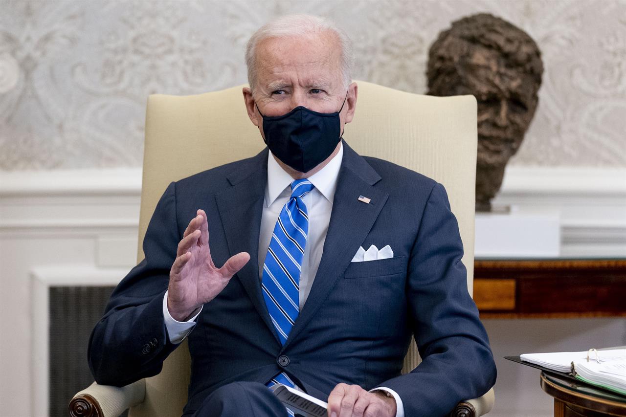 President Joe Biden, speaks as he meets with Vice President Kamala Harris, Transportation Secretary Pete Buttigieg, and members of the House of Representatives in the Oval Office of the White House in Washington, Thursday, March 4, 2021, on infrastructure. (AP Photo/Andrew Harnik)