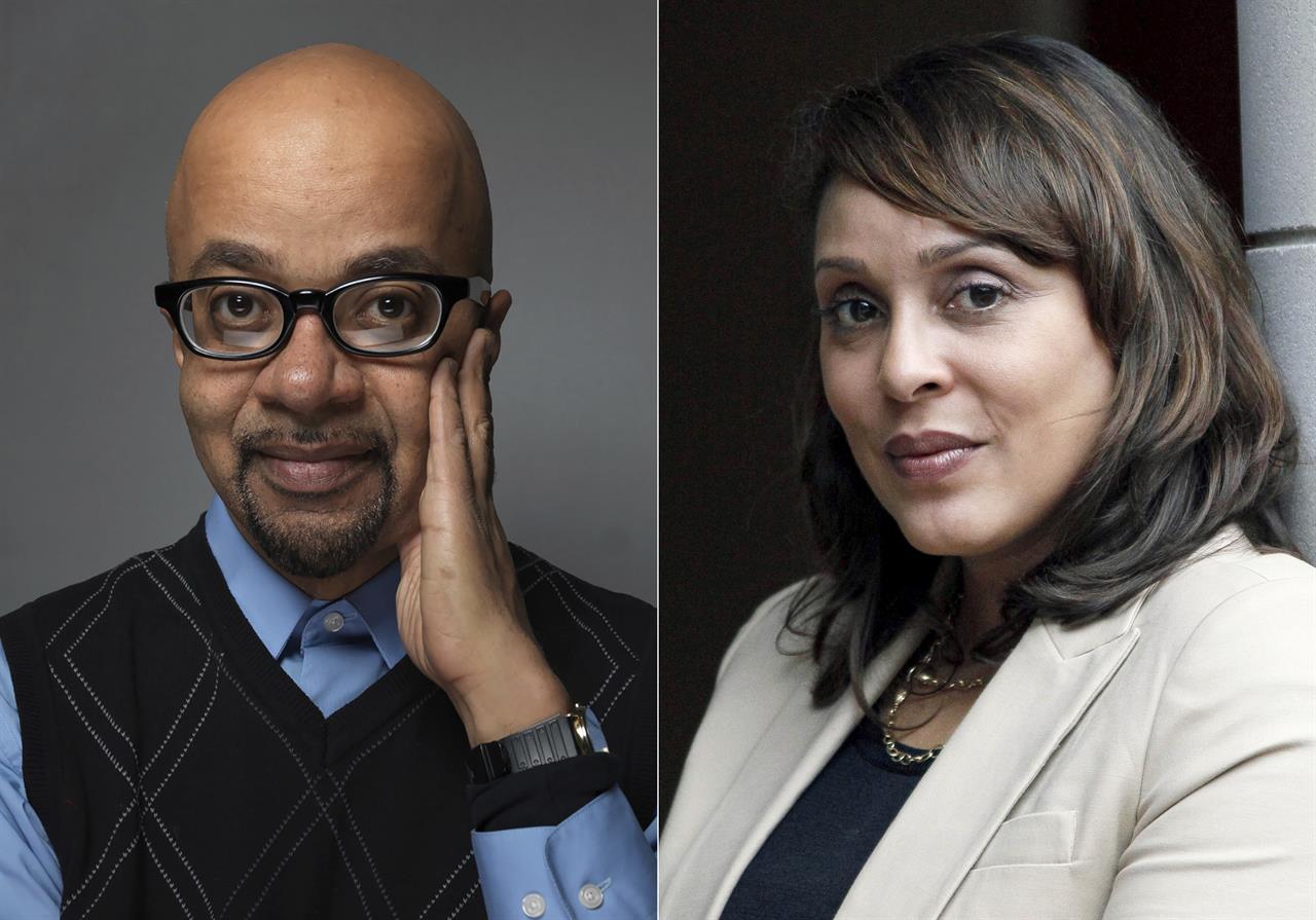 Author James McBride poses for a portrait during the 2012 Sundance Film Festival in Park City, Utah, on Jan. 23, 2012, left, and U.S. Poet Laureate Natasha Trethewey poses outside the president's office at Delta State University in Cleveland, Miss., on Sept. 18, 2012. McBride, Trethewey and science fiction great Samuel R. Delaney are among this year’s winners of Anisfeld-Wolf awards for books that confront racism and help promote diversity. (AP Photo)
