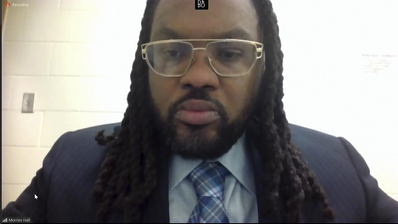 In this image from video, Morries Hall appears via video as Hennepin County Judge Peter Cahill discusses motions before the court Tuesday, April 6, 2021, in the trial of former Minneapolis police Officer Derek Chauvin at the Hennepin County Courthouse in Minneapolis, Minn. Chauvin is charged in the May 25, 2020 death of George Floyd.(Court TV via AP, Pool)