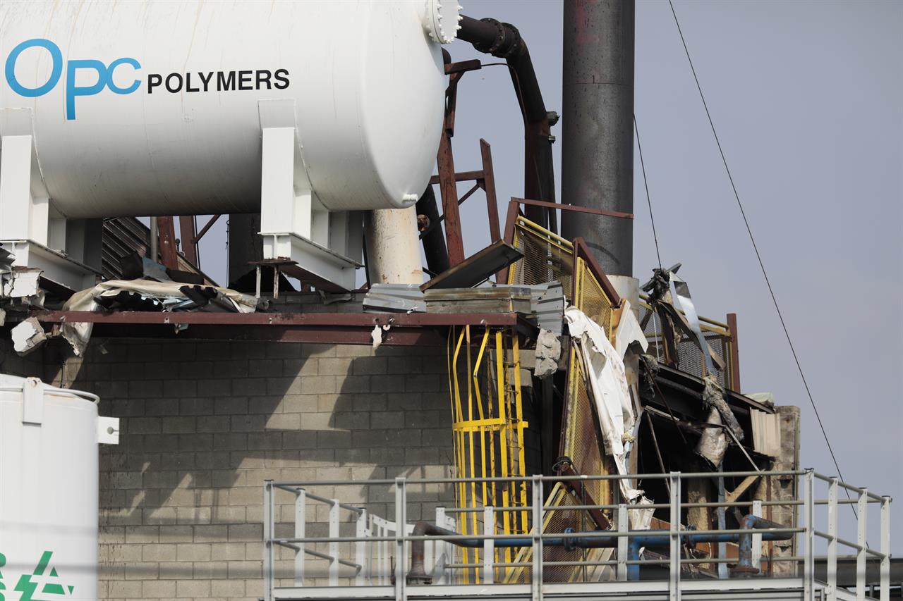Damage is seen following an overnight explosion at the Yenkin-Majestic Paint plant, Thursday, April 8, 2021, in Columbus, Ohio. One person was killed and multiple others were injured in an explosion and fire Thursday at the paint manufacturer’s plant in Ohio's capital city, firefighters said. Authorities in Columbus were investigating what caused the explosion shortly after midnight at the paint facility. (Joshua A. Bickel/The Columbus Dispatch via AP)